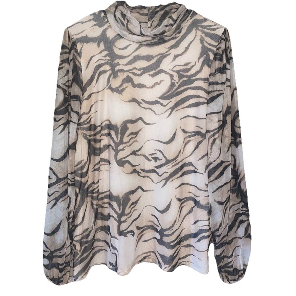 Chicos Brown Tiger Mesh Drama Knit Top Long Sleeve SZ Large 12 Lined Cowl Neck